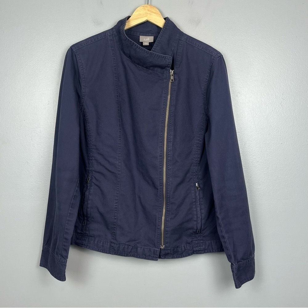 J.Jill blue cotton linen blend asymmetric zip lightweight jacket, medium.